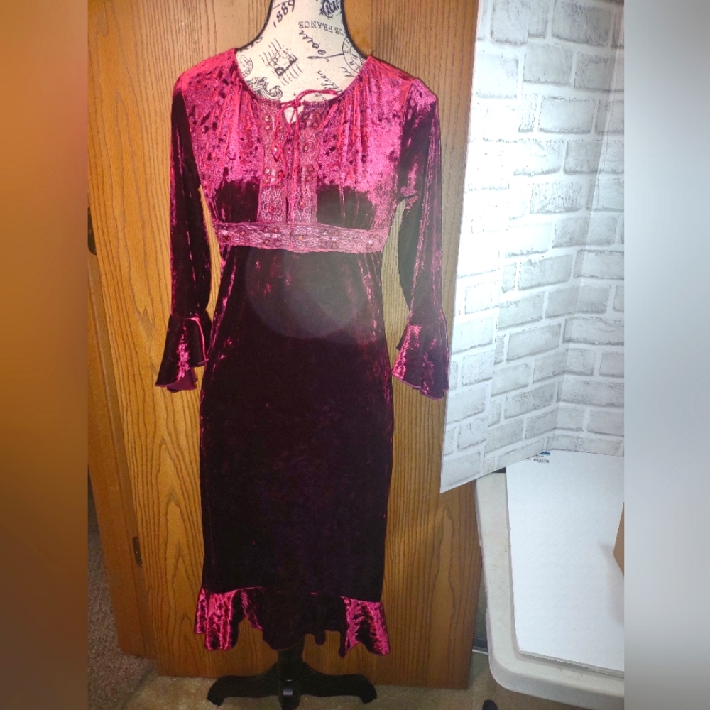 Sz. 16 Kids Velvet Burgundy Dress with Flared Sleeves